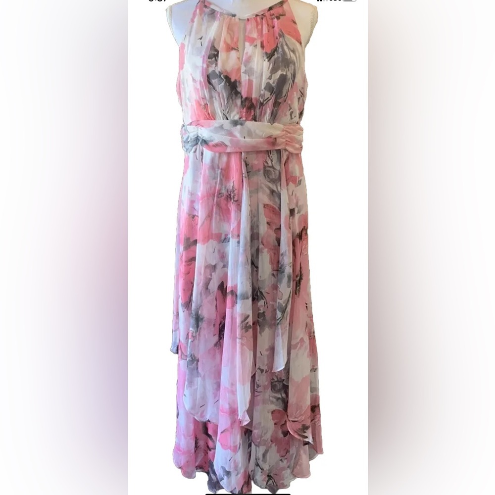 R&M Richards Long Halter Sheer Printed Chiffon Maxi Dress Pink Size 12